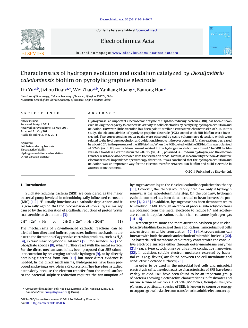 Characteristics of hydrogen evolution and oxidation catalyzed by Desulfovibrio caledoniensis biofilm on pyrolytic graphite electrode