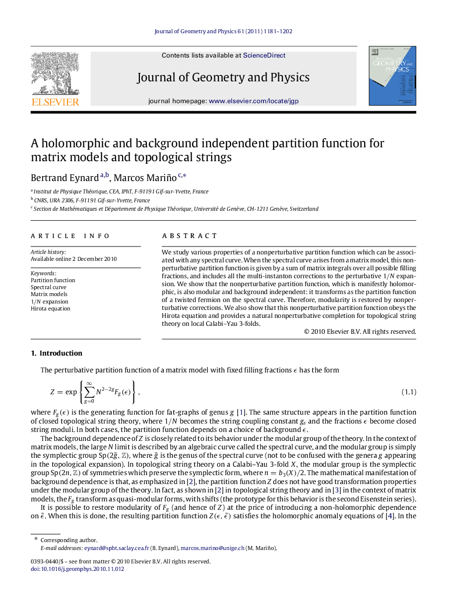 A holomorphic and background independent partition function for matrix models and topological strings