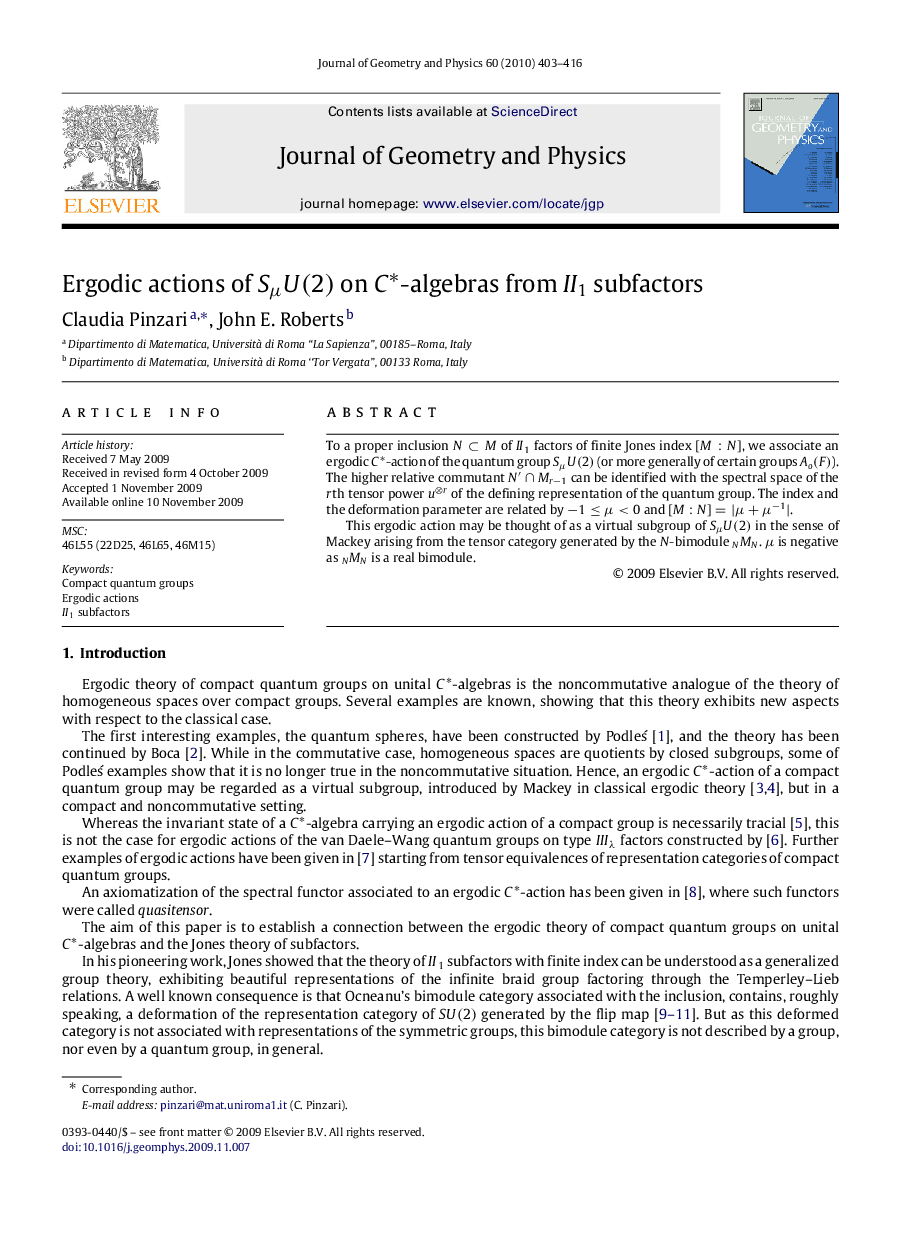 Ergodic actions of SμU(2)SμU(2) on C∗C∗-algebras from II1II1 subfactors