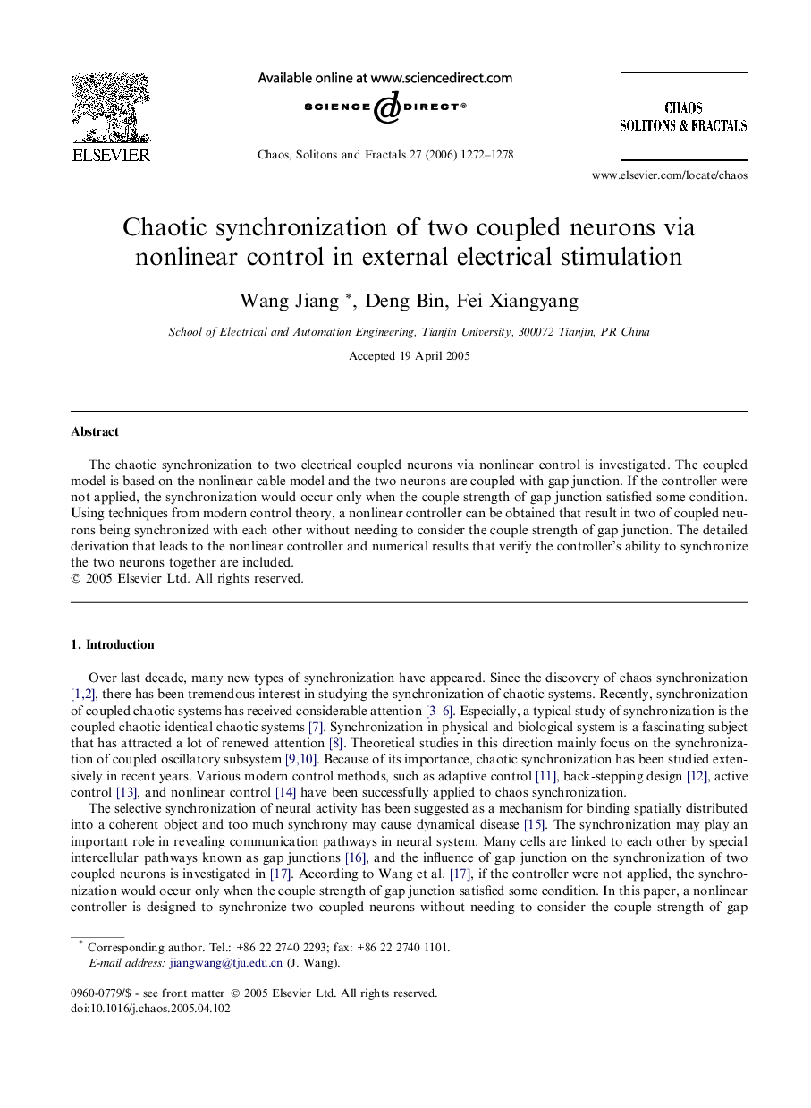 Chaotic synchronization of two coupled neurons via nonlinear control in external electrical stimulation