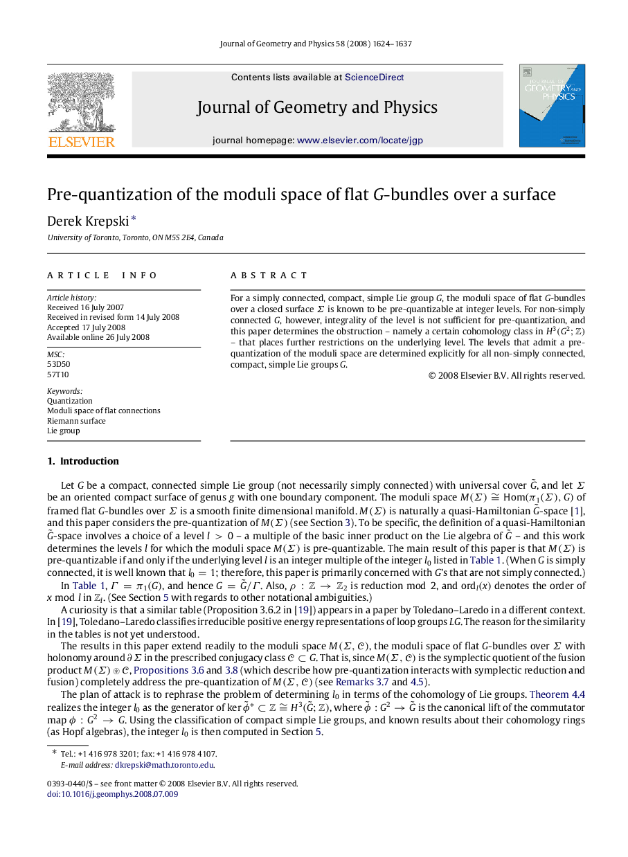 Pre-quantization of the moduli space of flat G-bundles over a surface