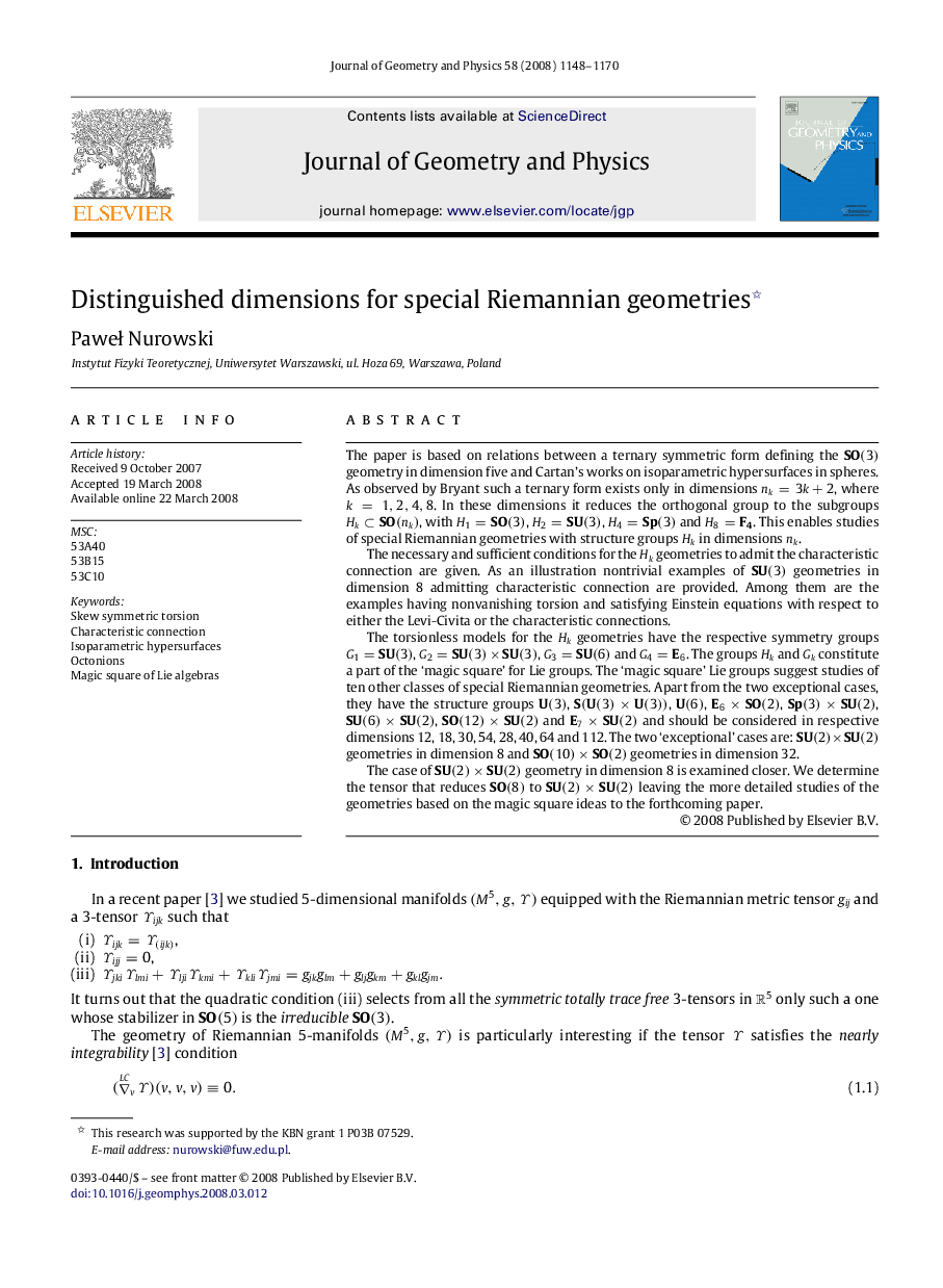 Distinguished dimensions for special Riemannian geometries 