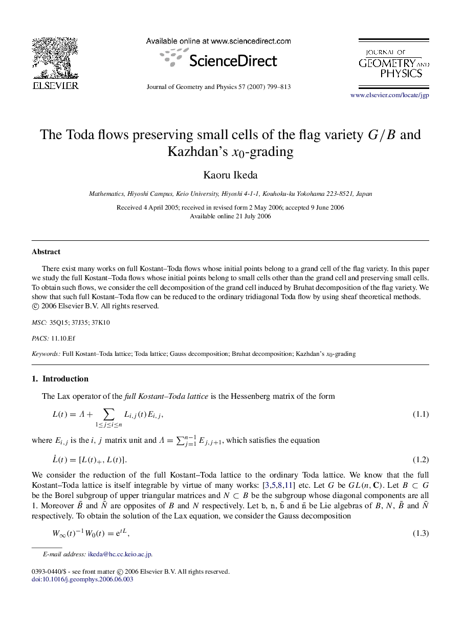 The Toda flows preserving small cells of the flag variety G/BG/B and Kazhdan’s x0x0-grading