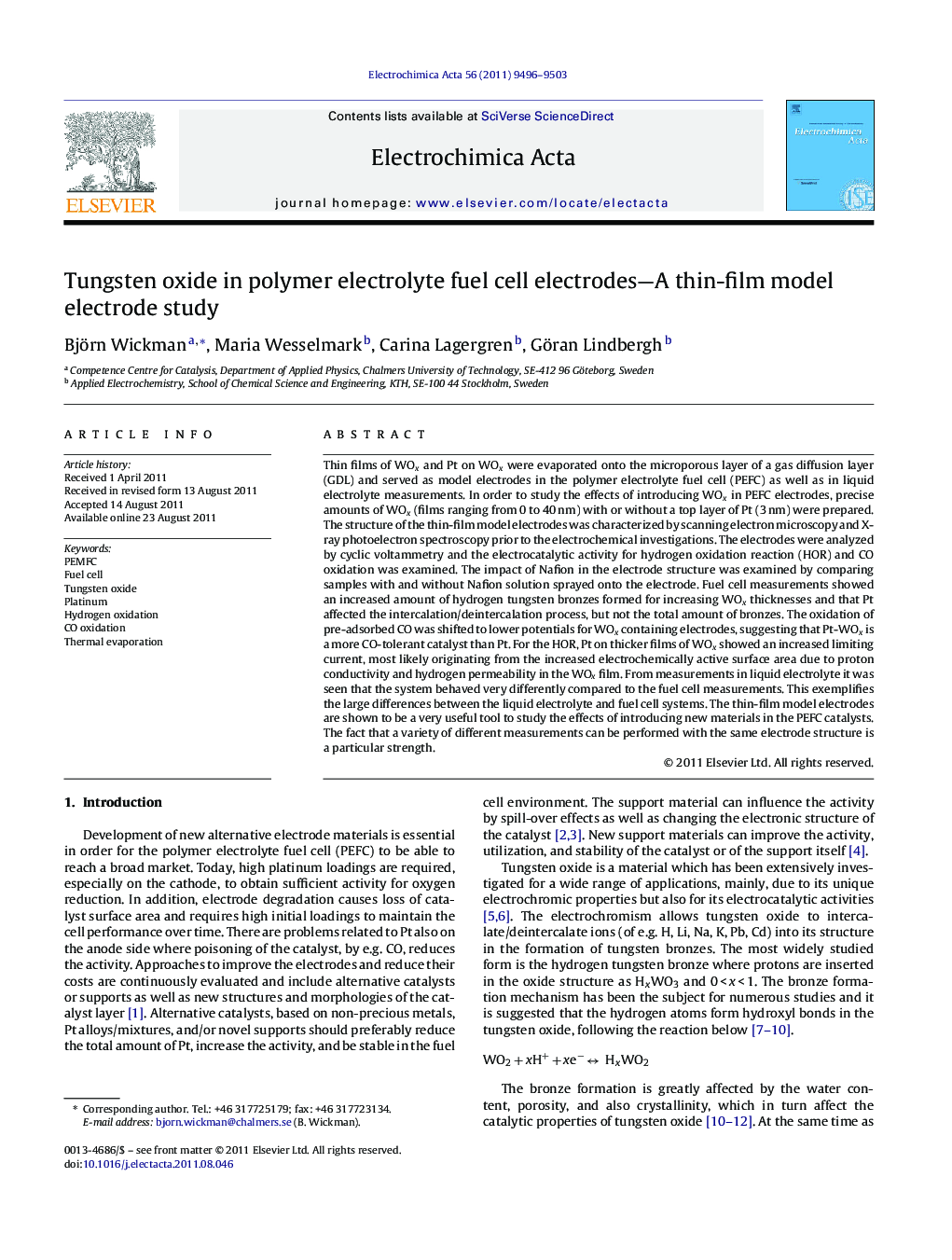 Tungsten oxide in polymer electrolyte fuel cell electrodes—A thin-film model electrode study