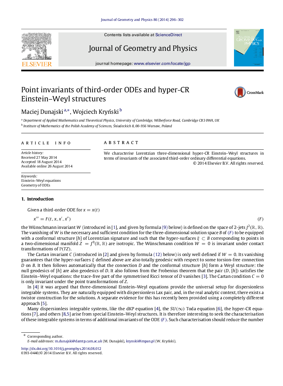 Point invariants of third-order ODEs and hyper-CR Einstein-Weyl structures