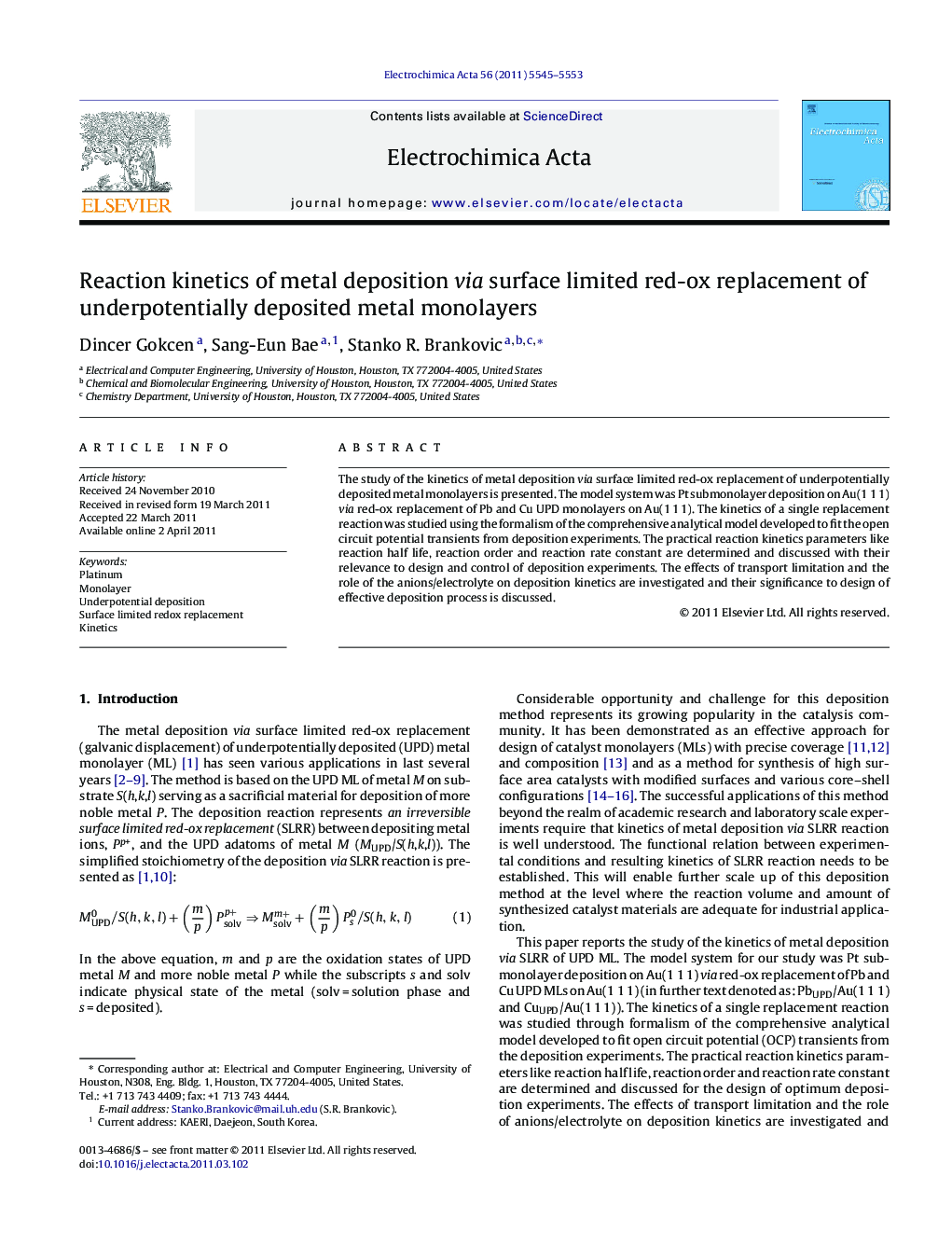 Reaction kinetics of metal deposition via surface limited red-ox replacement of underpotentially deposited metal monolayers