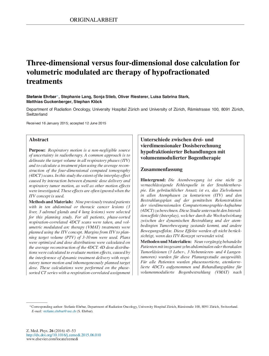 Three-dimensional versus four-dimensional dose calculation for volumetric modulated arc therapy of hypofractionated treatments