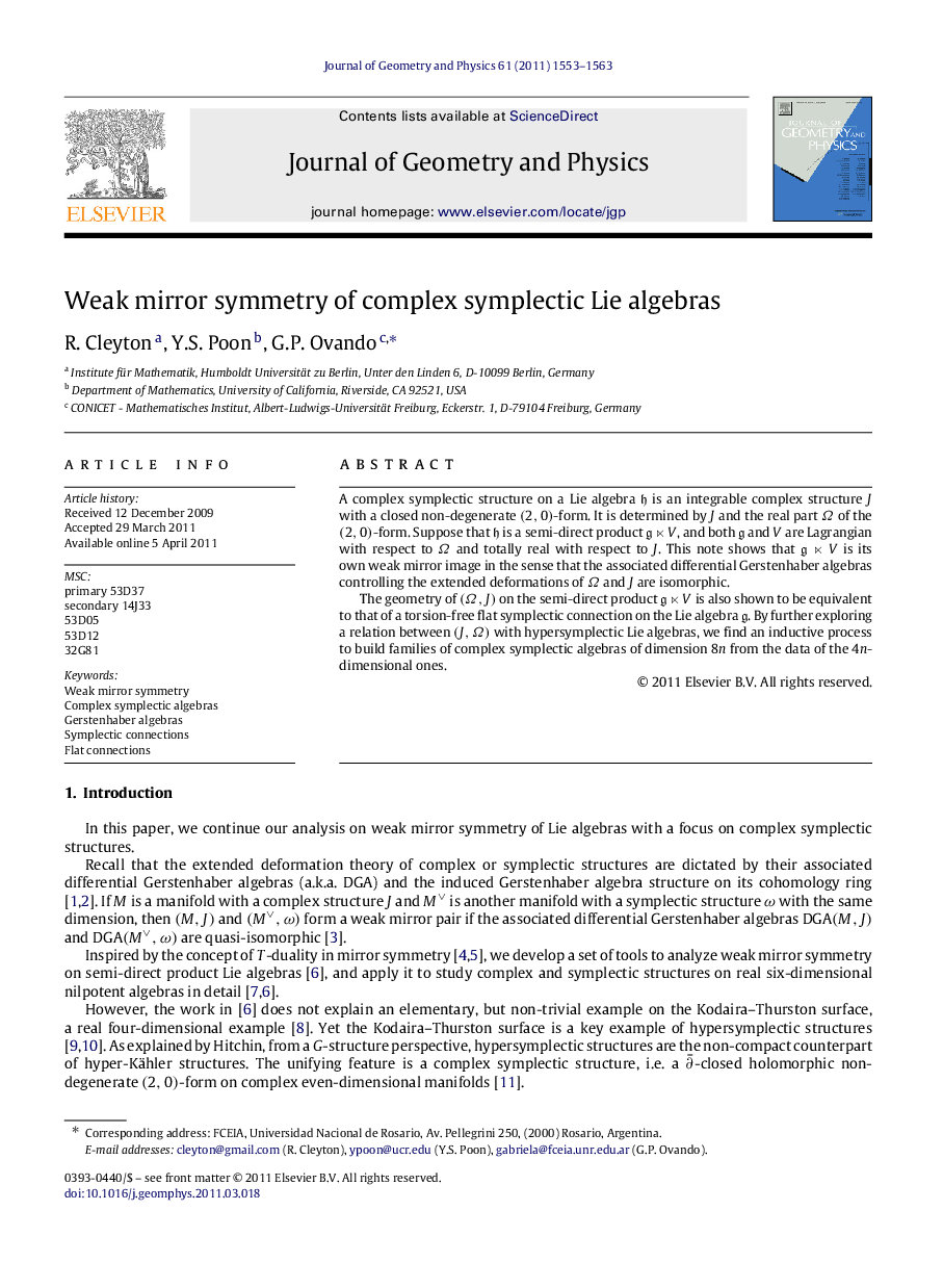 Weak mirror symmetry of complex symplectic Lie algebras