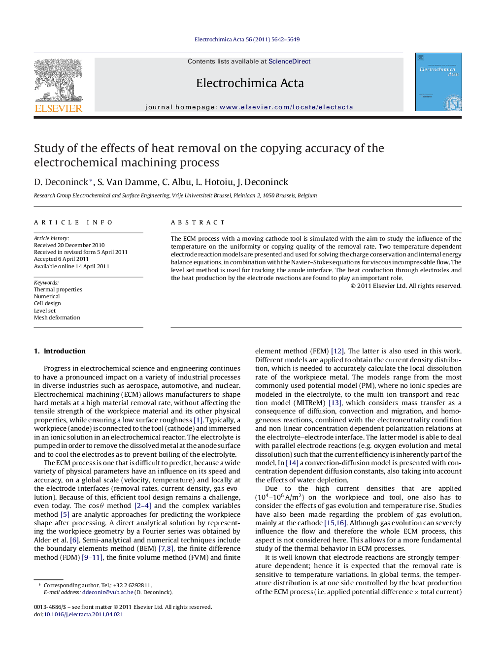 Study of the effects of heat removal on the copying accuracy of the electrochemical machining process