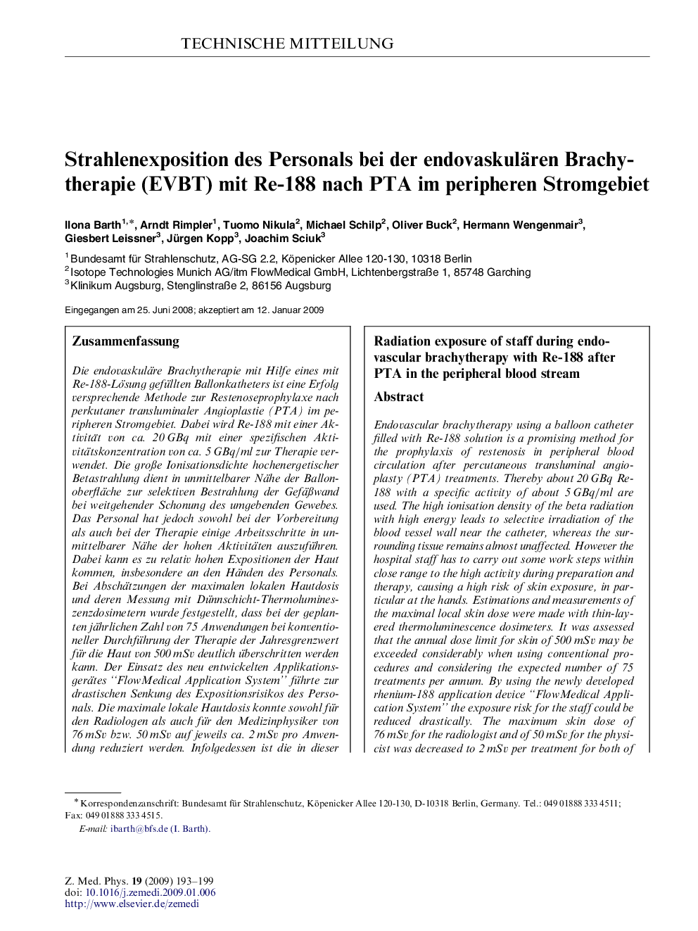 Strahlenexposition des Personals bei der endovaskulären Brachytherapie (EVBT) mit Re-188 nach PTA im peripheren Stromgebiet