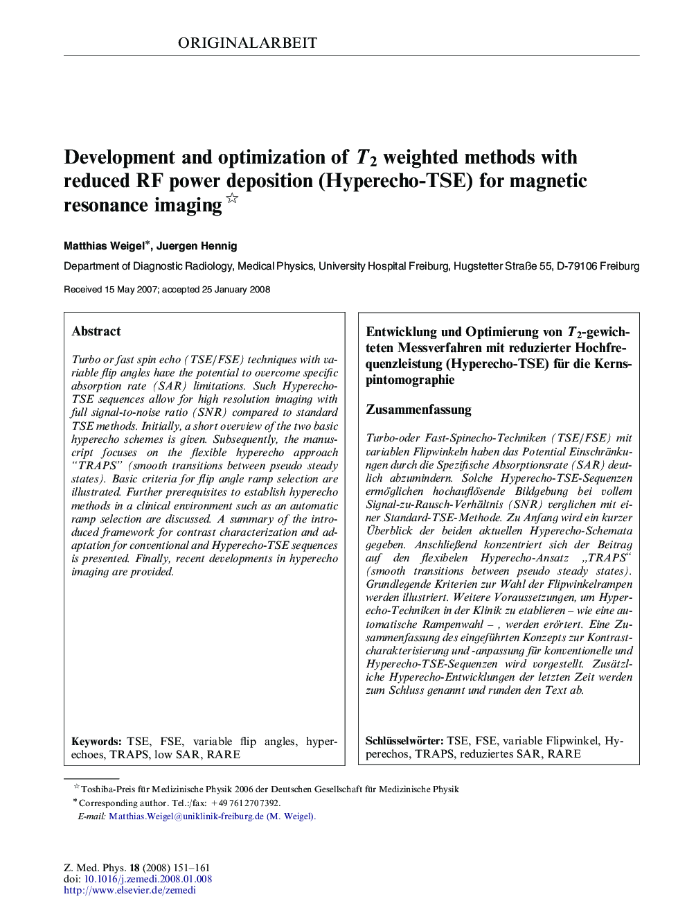 Development and optimization of T2T2 weighted methods with reduced RF power deposition (Hyperecho-TSE) for magnetic resonance imaging 