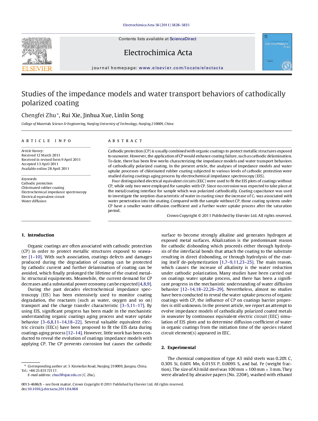 Studies of the impedance models and water transport behaviors of cathodically polarized coating