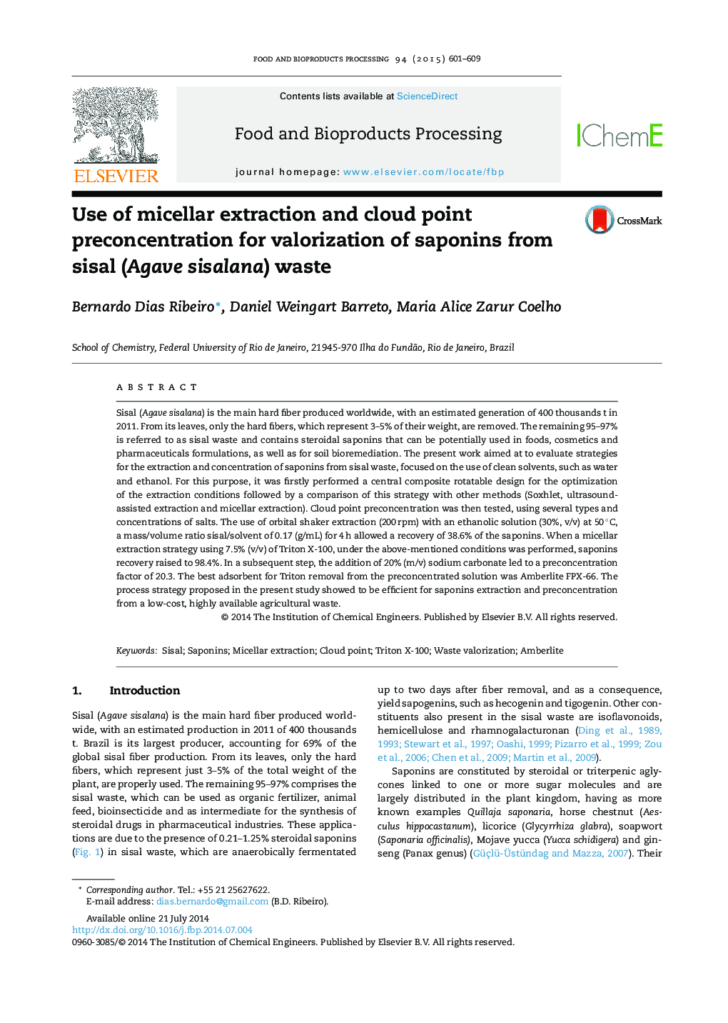 Use of micellar extraction and cloud point preconcentration for valorization of saponins from sisal (Agave sisalana) waste