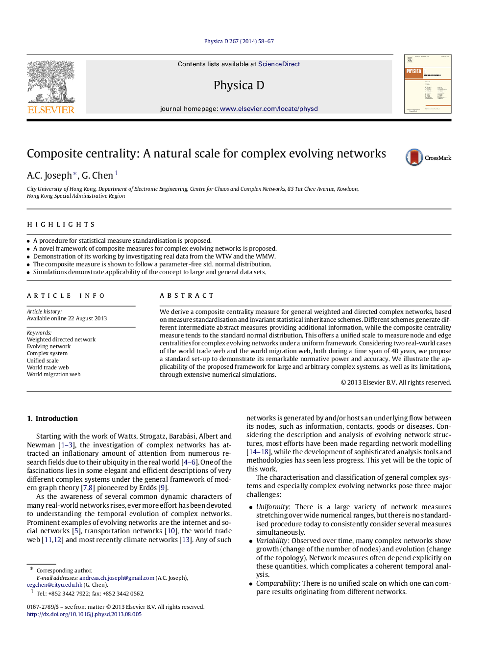 مرکزی مرکب: یک مقیاس طبیعی برای شبکه های پیچیده تکامل یافته 