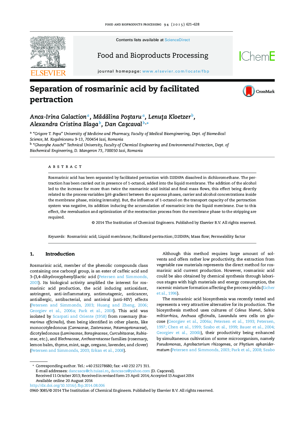 Separation of rosmarinic acid by facilitated pertraction