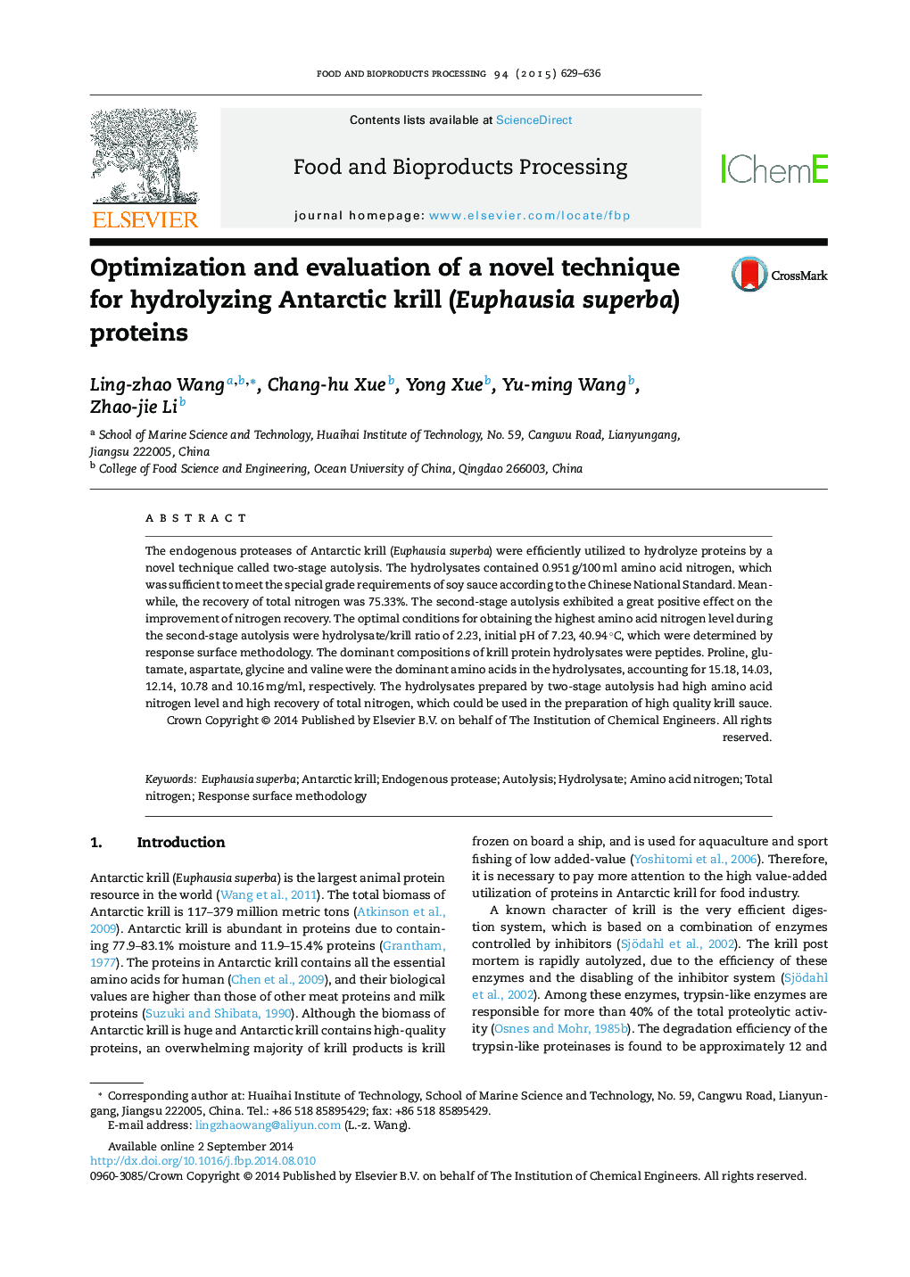 Optimization and evaluation of a novel technique for hydrolyzing Antarctic krill (Euphausia superba) proteins