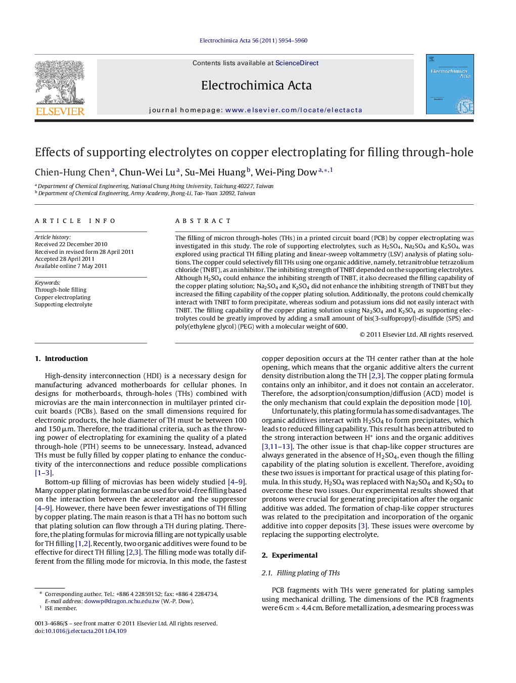 Effects of supporting electrolytes on copper electroplating for filling through-hole