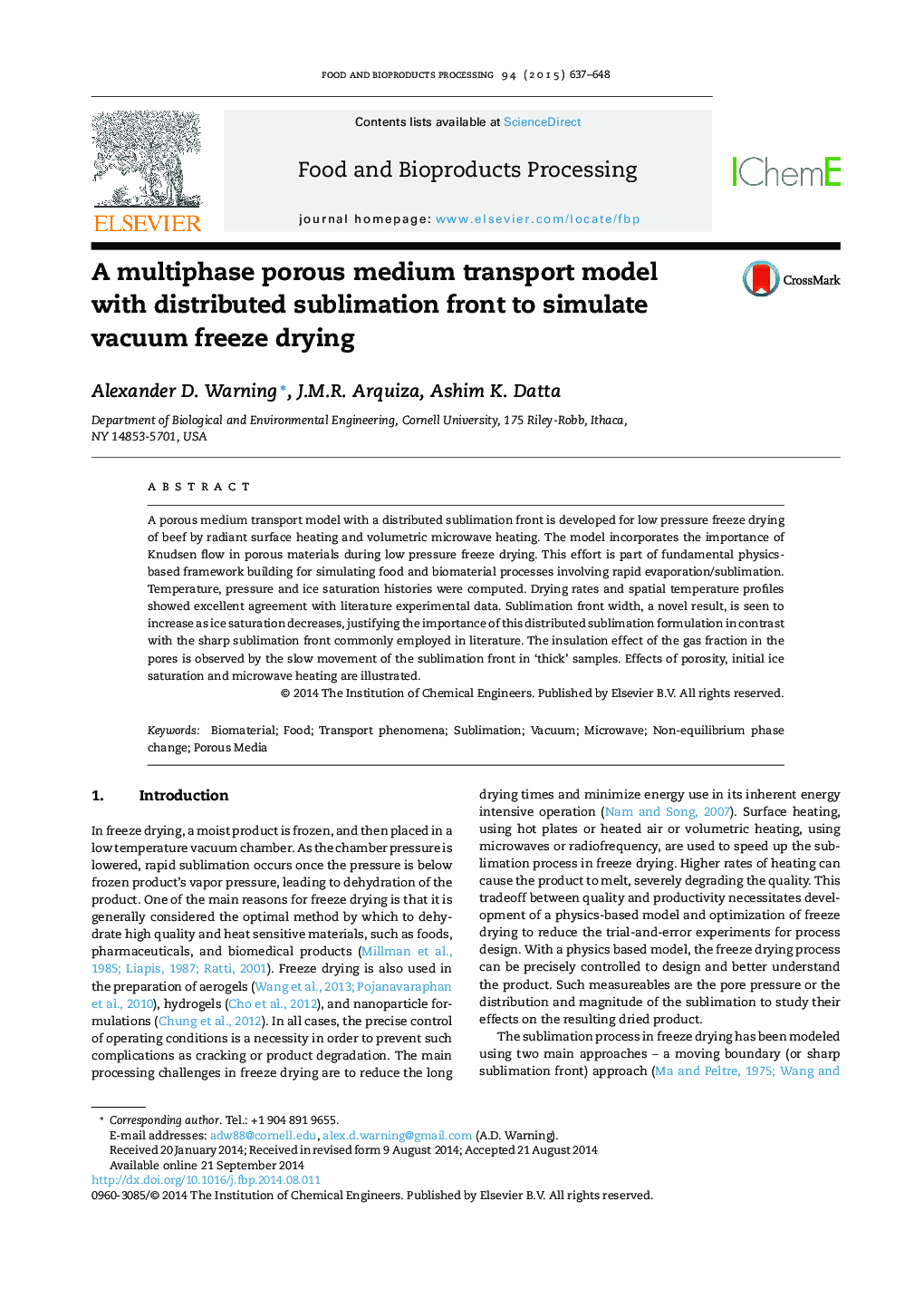 A multiphase porous medium transport model with distributed sublimation front to simulate vacuum freeze drying