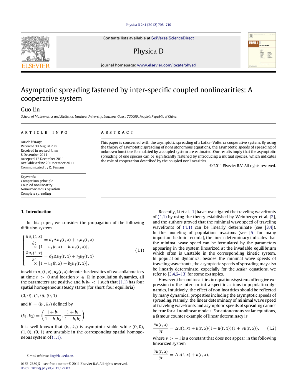 Asymptotic spreading fastened by inter-specific coupled nonlinearities: A cooperative system