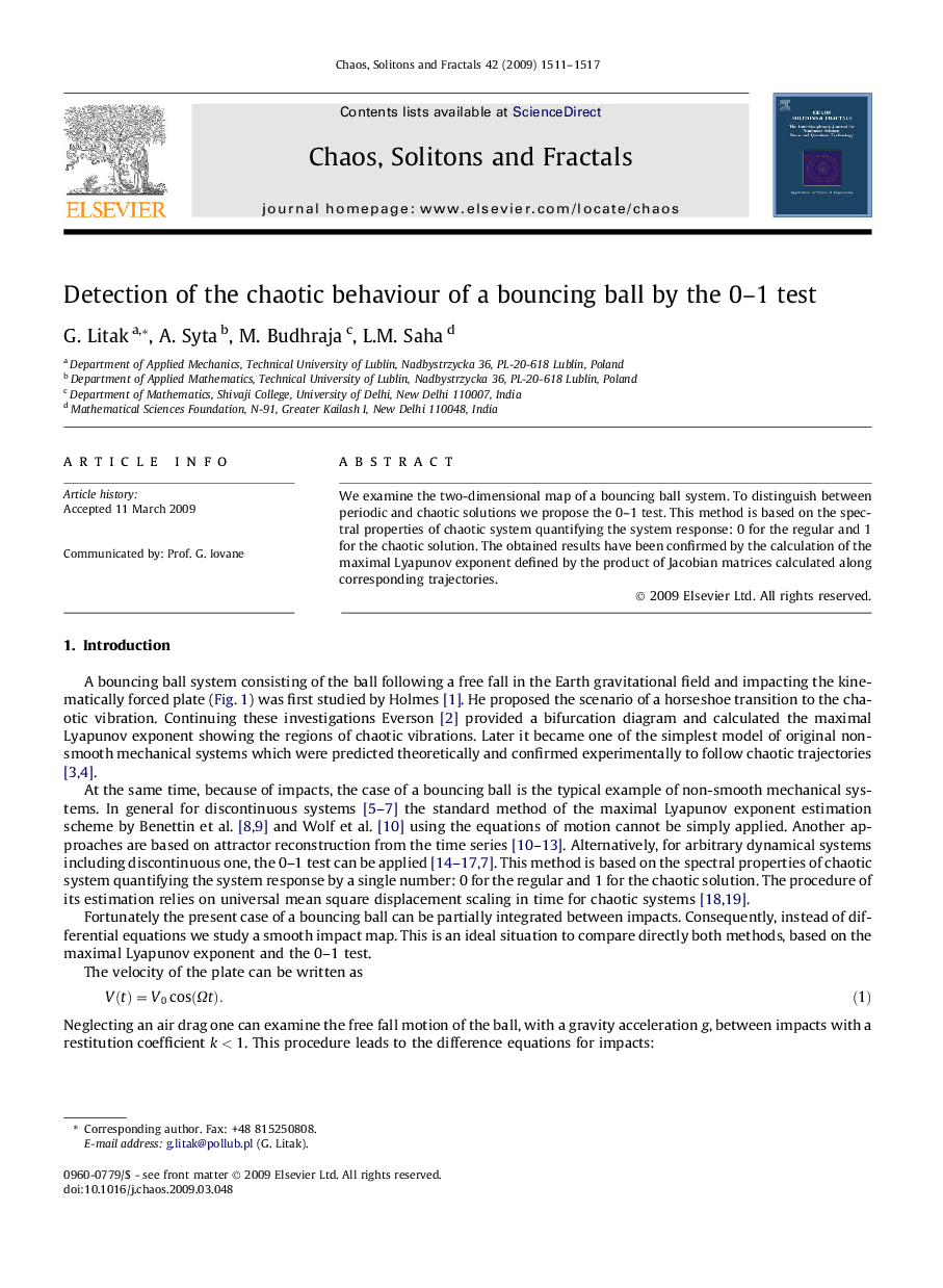 Detection of the chaotic behaviour of a bouncing ball by the 0–1 test