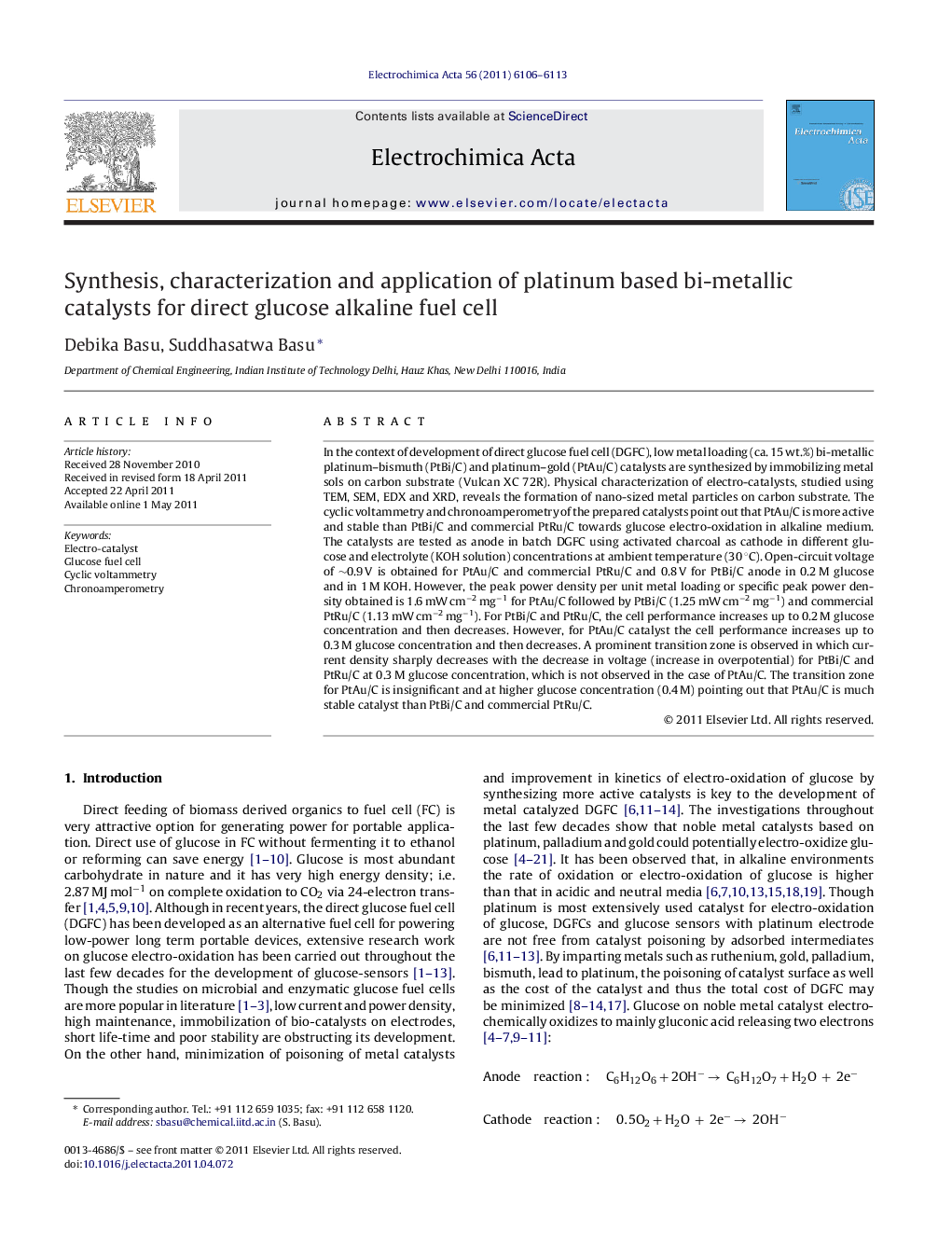 Synthesis, characterization and application of platinum based bi-metallic catalysts for direct glucose alkaline fuel cell