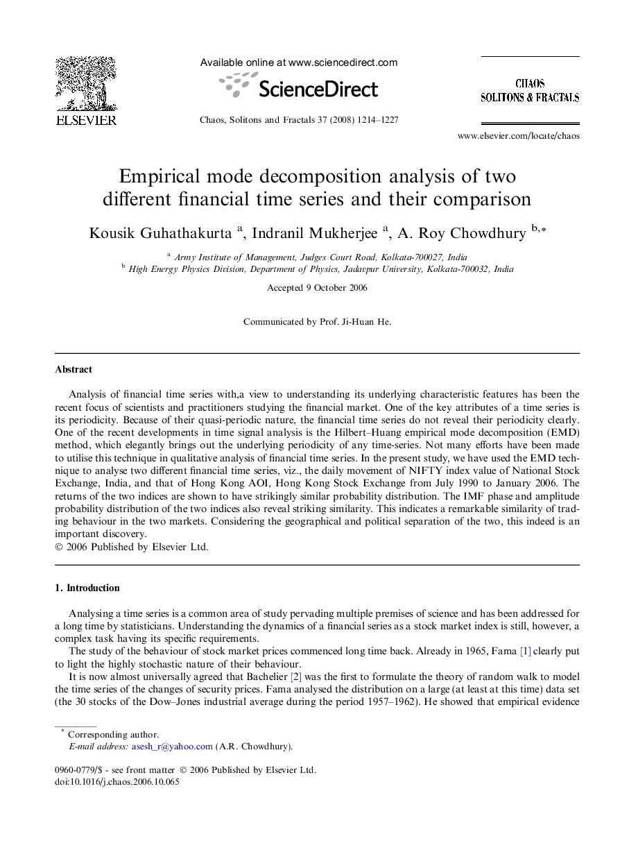 Empirical mode decomposition analysis of two different financial time series and their comparison