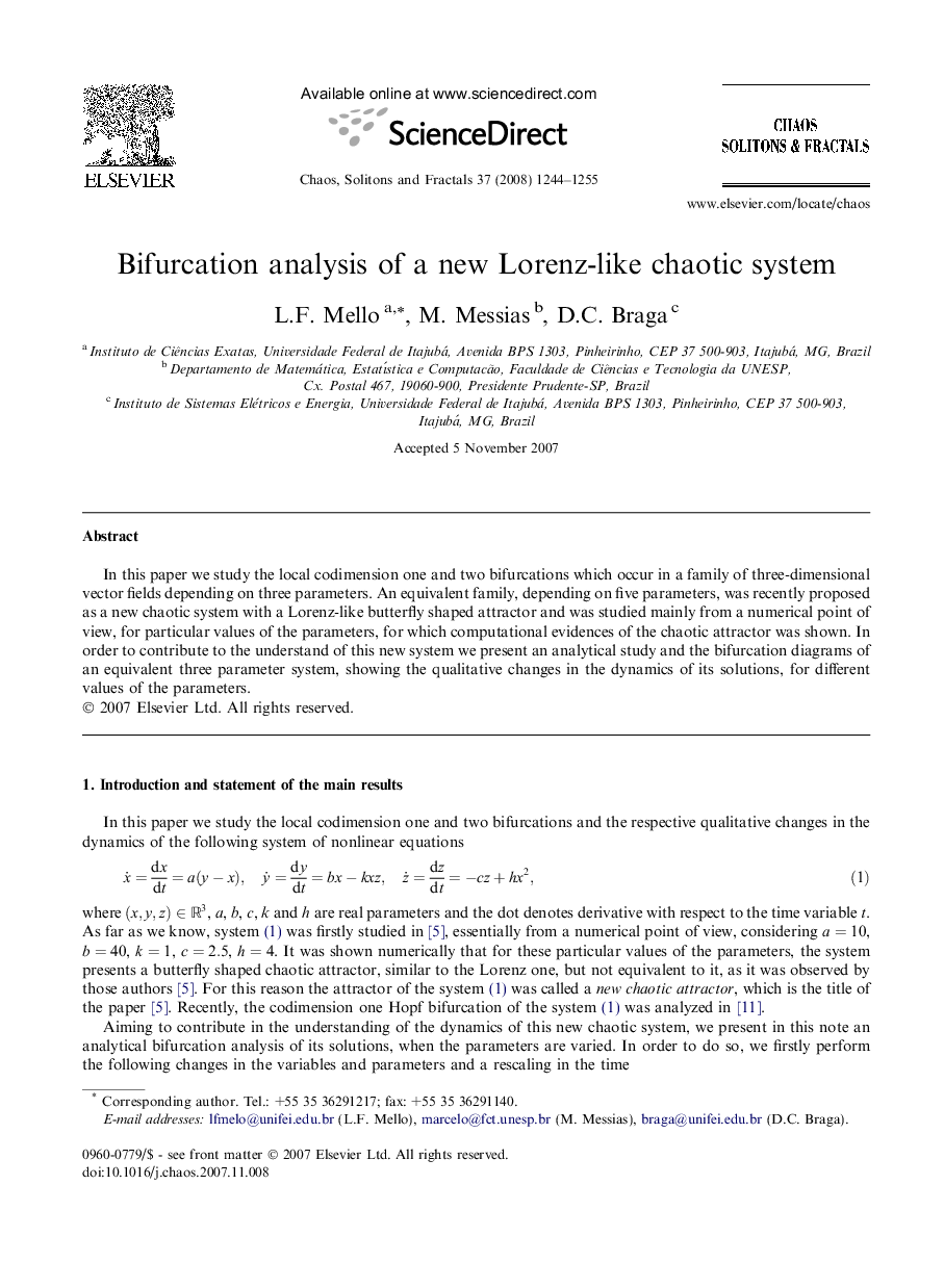 Bifurcation analysis of a new Lorenz-like chaotic system