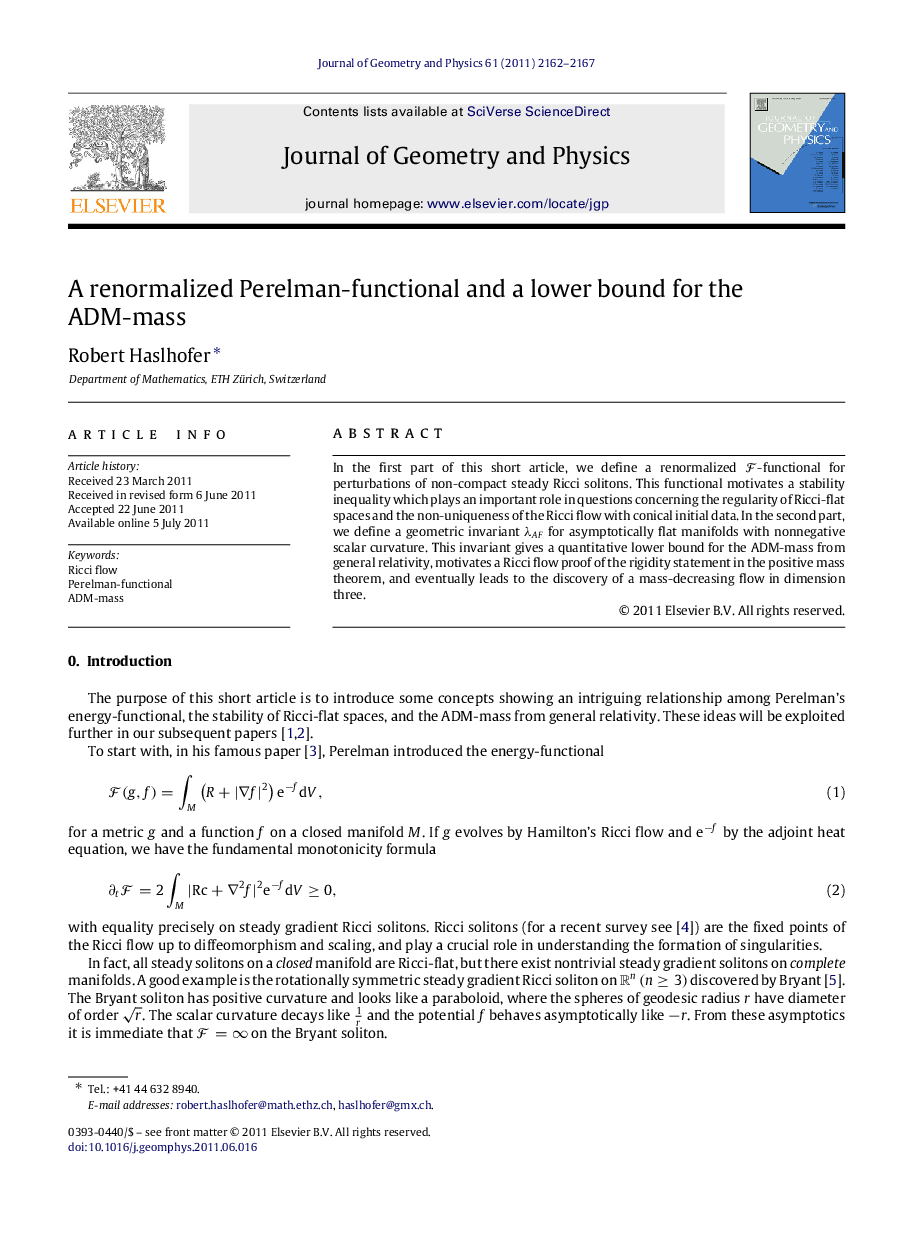 A renormalized Perelman-functional and a lower bound for the ADM-mass