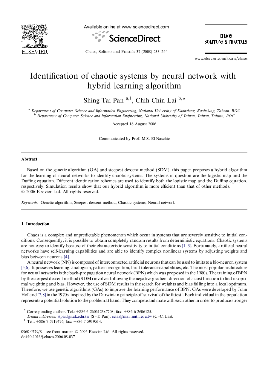 Identification of chaotic systems by neural network with hybrid learning algorithm