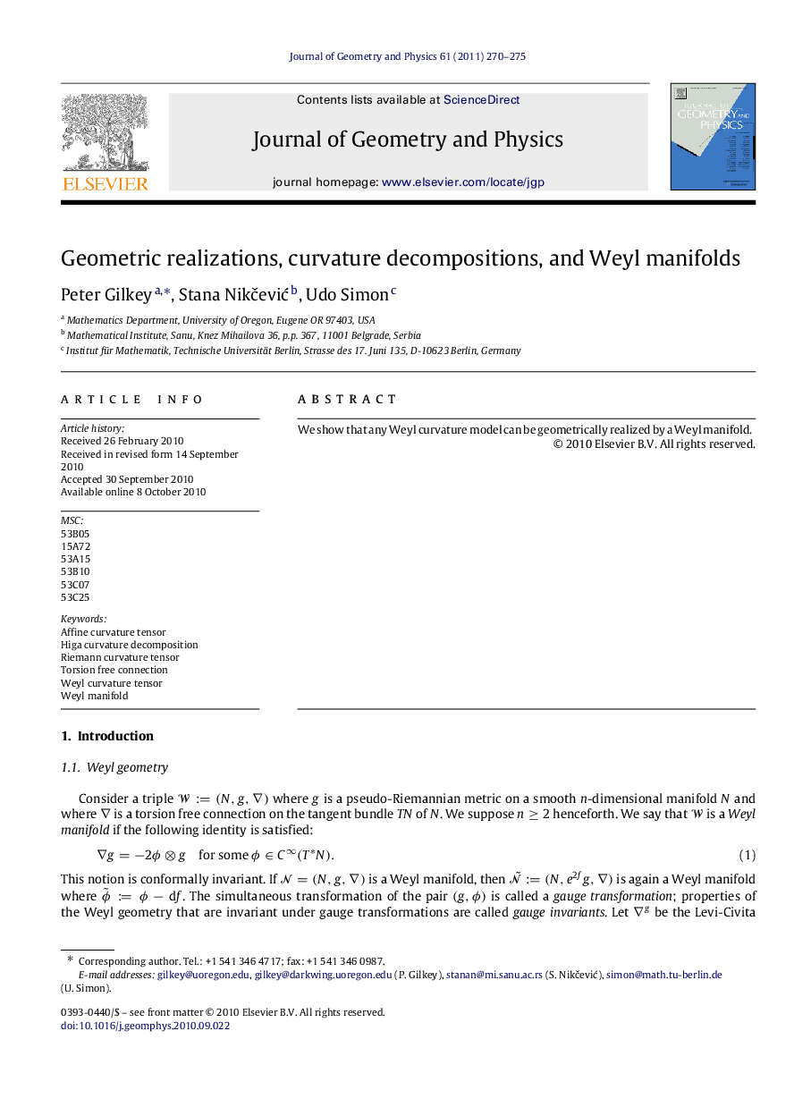 Geometric realizations, curvature decompositions, and Weyl manifolds