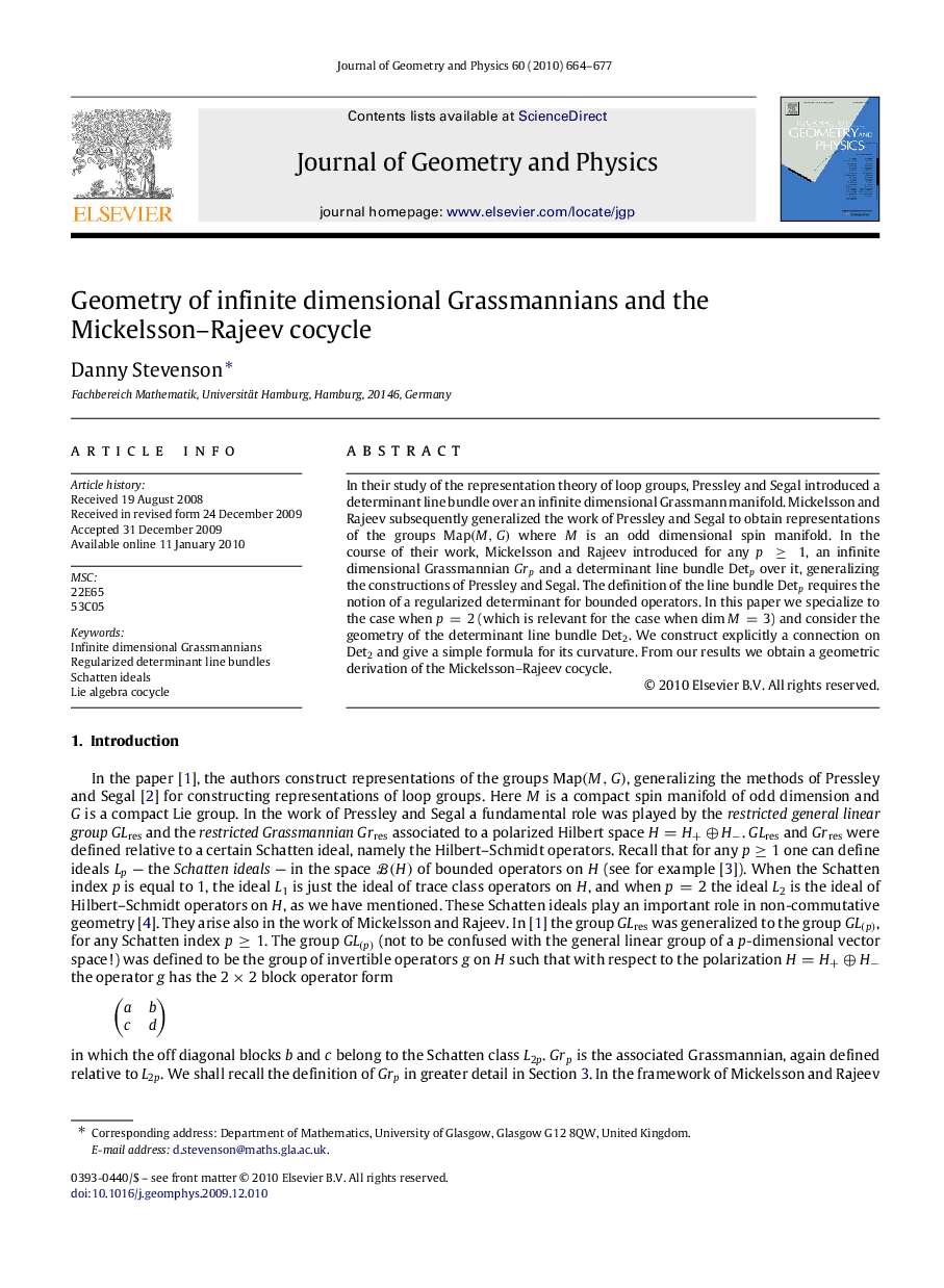 Geometry of infinite dimensional Grassmannians and the Mickelsson–Rajeev cocycle