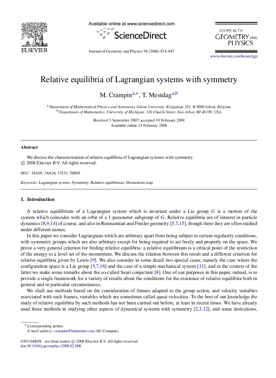 Relative equilibria of Lagrangian systems with symmetry