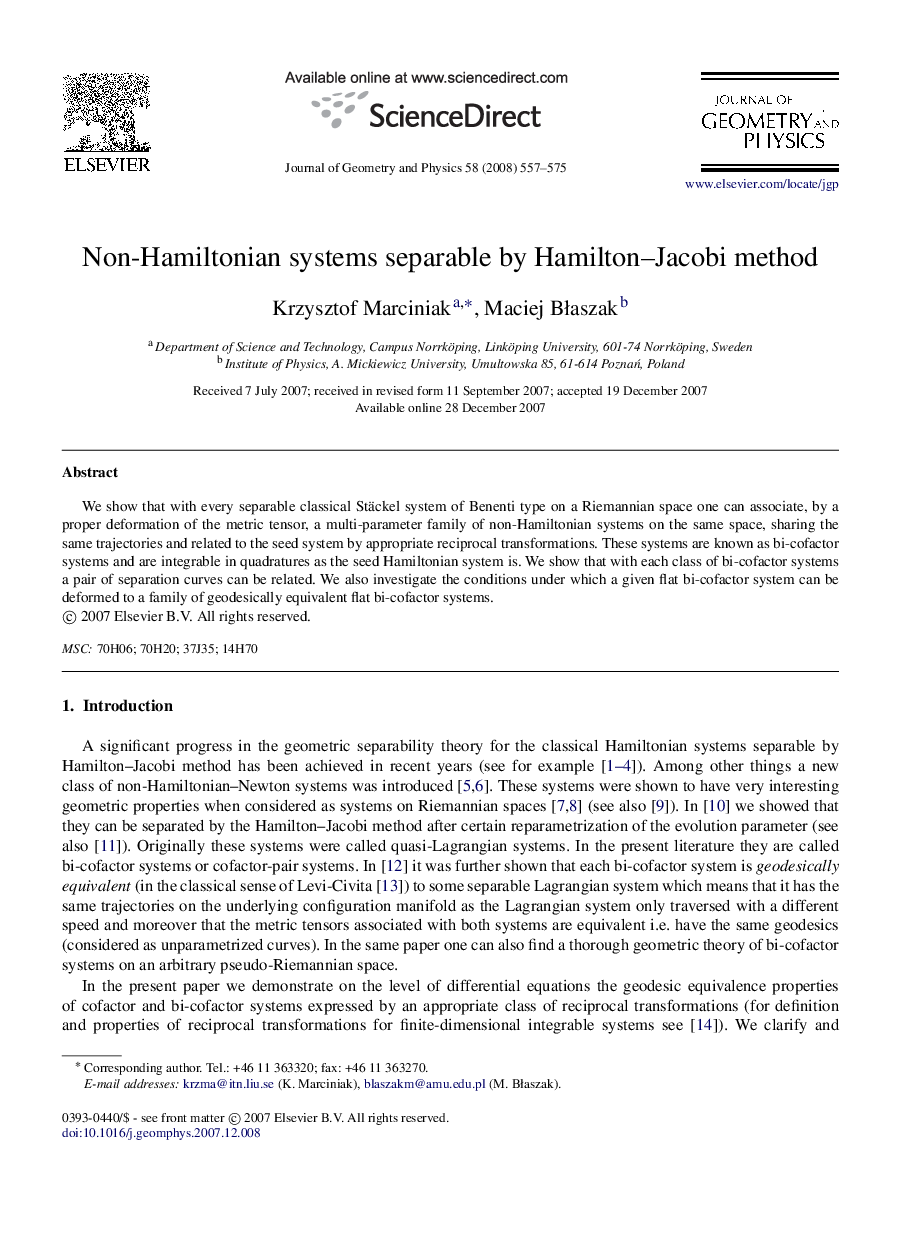 Non-Hamiltonian systems separable by Hamilton-Jacobi method