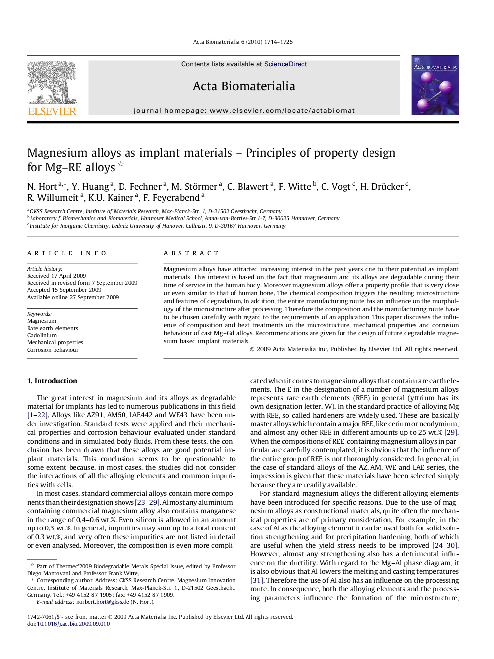 Magnesium alloys as implant materials – Principles of property design for Mg–RE alloys 