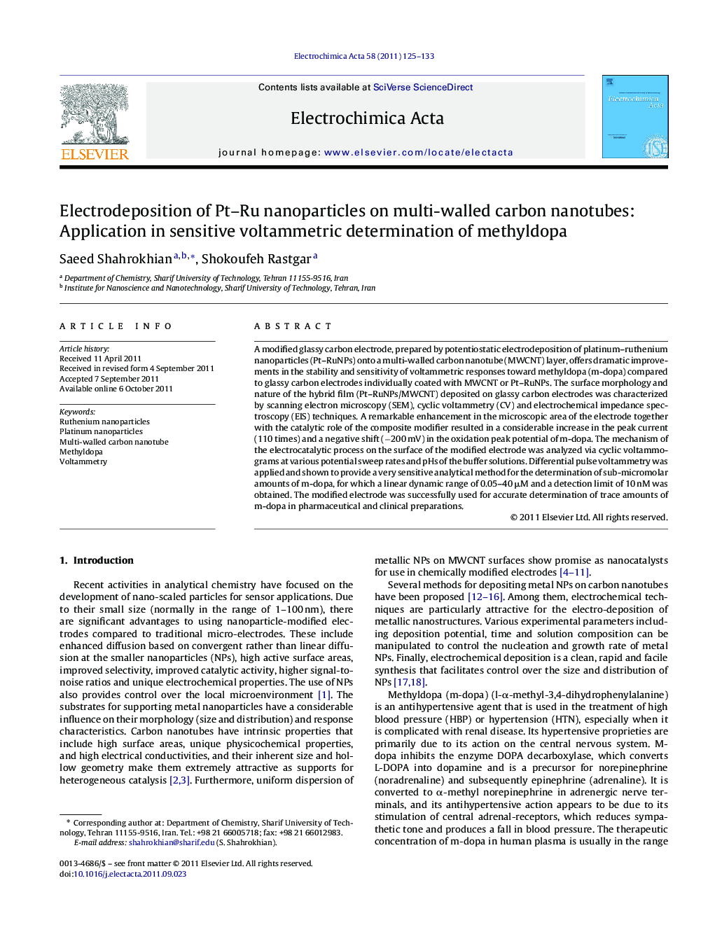 Electrodeposition of Pt–Ru nanoparticles on multi-walled carbon nanotubes: Application in sensitive voltammetric determination of methyldopa