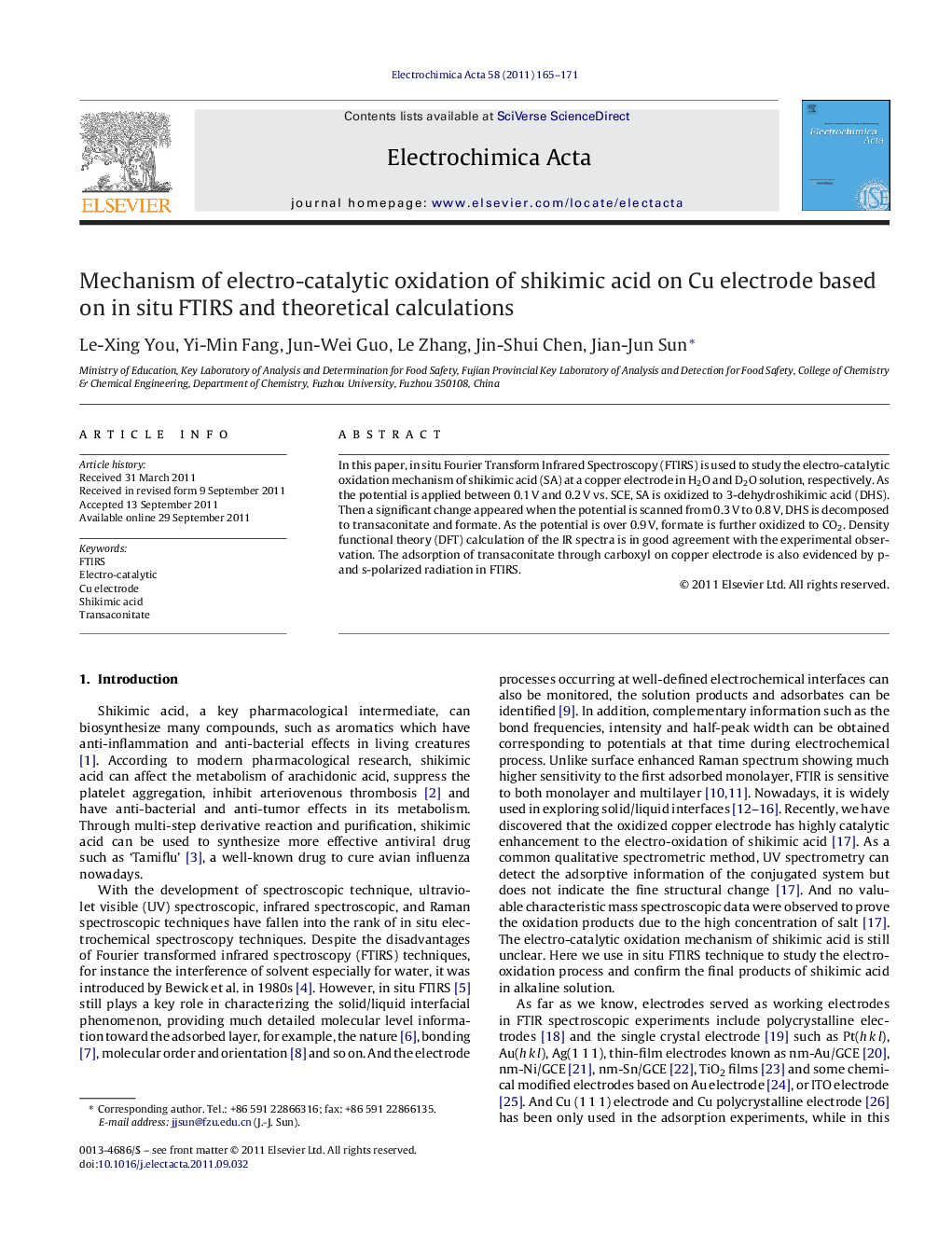 Mechanism of electro-catalytic oxidation of shikimic acid on Cu electrode based on in situ FTIRS and theoretical calculations