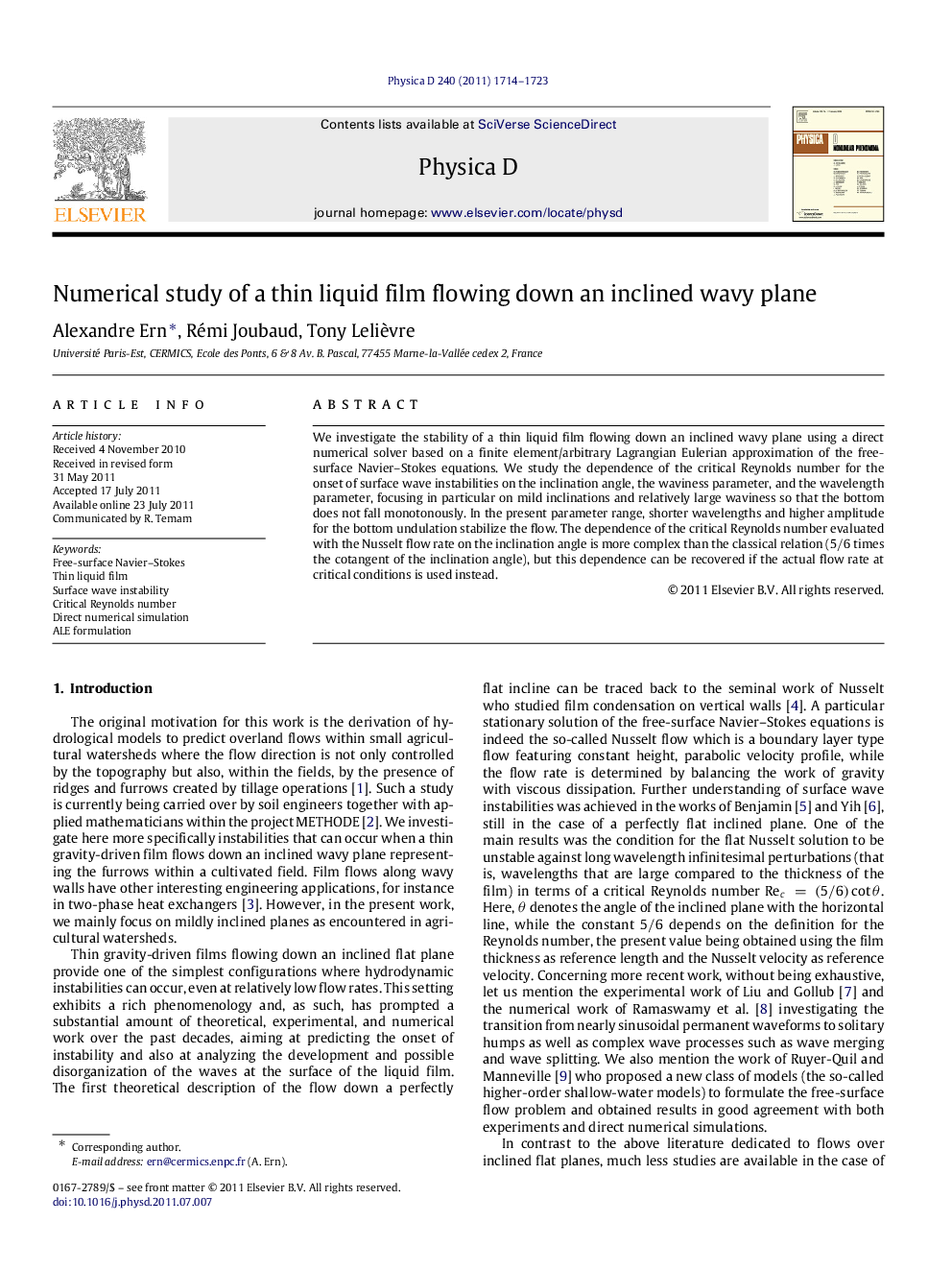 Numerical study of a thin liquid film flowing down an inclined wavy plane