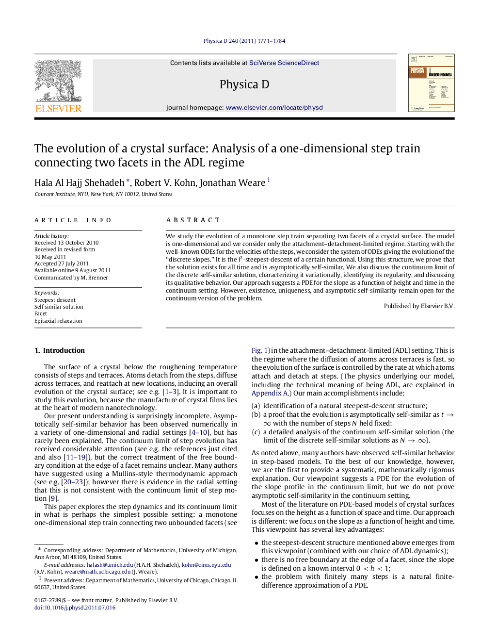 The evolution of a crystal surface: Analysis of a one-dimensional step train connecting two facets in the ADL regime