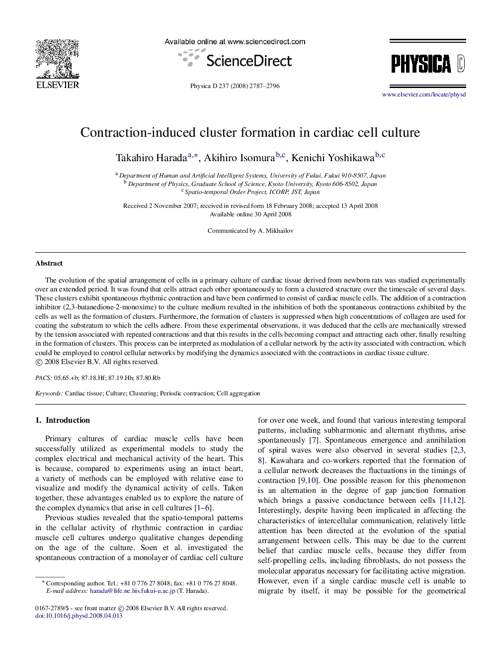 Contraction-induced cluster formation in cardiac cell culture