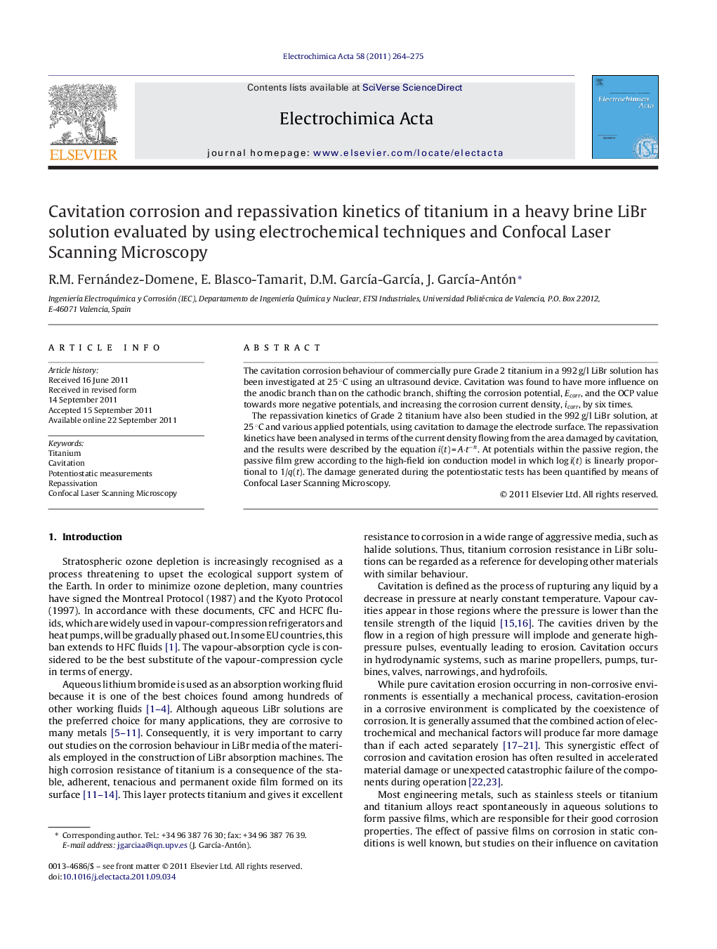 Cavitation corrosion and repassivation kinetics of titanium in a heavy brine LiBr solution evaluated by using electrochemical techniques and Confocal Laser Scanning Microscopy