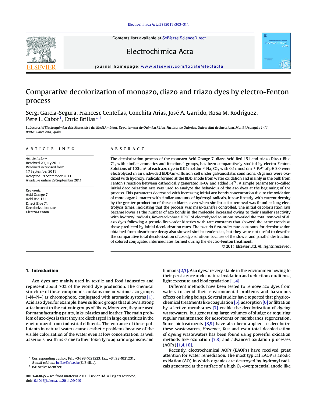 Comparative decolorization of monoazo, diazo and triazo dyes by electro-Fenton process