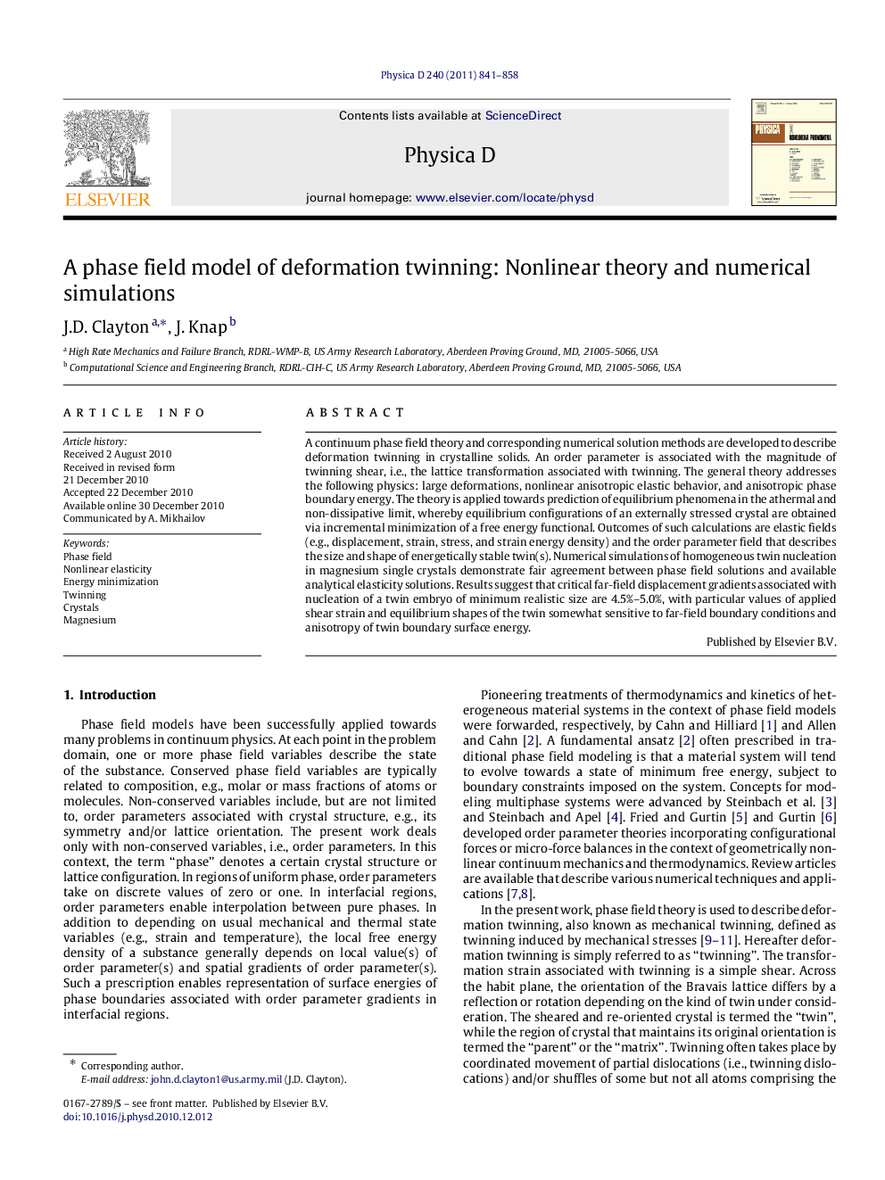 A phase field model of deformation twinning: Nonlinear theory and numerical simulations