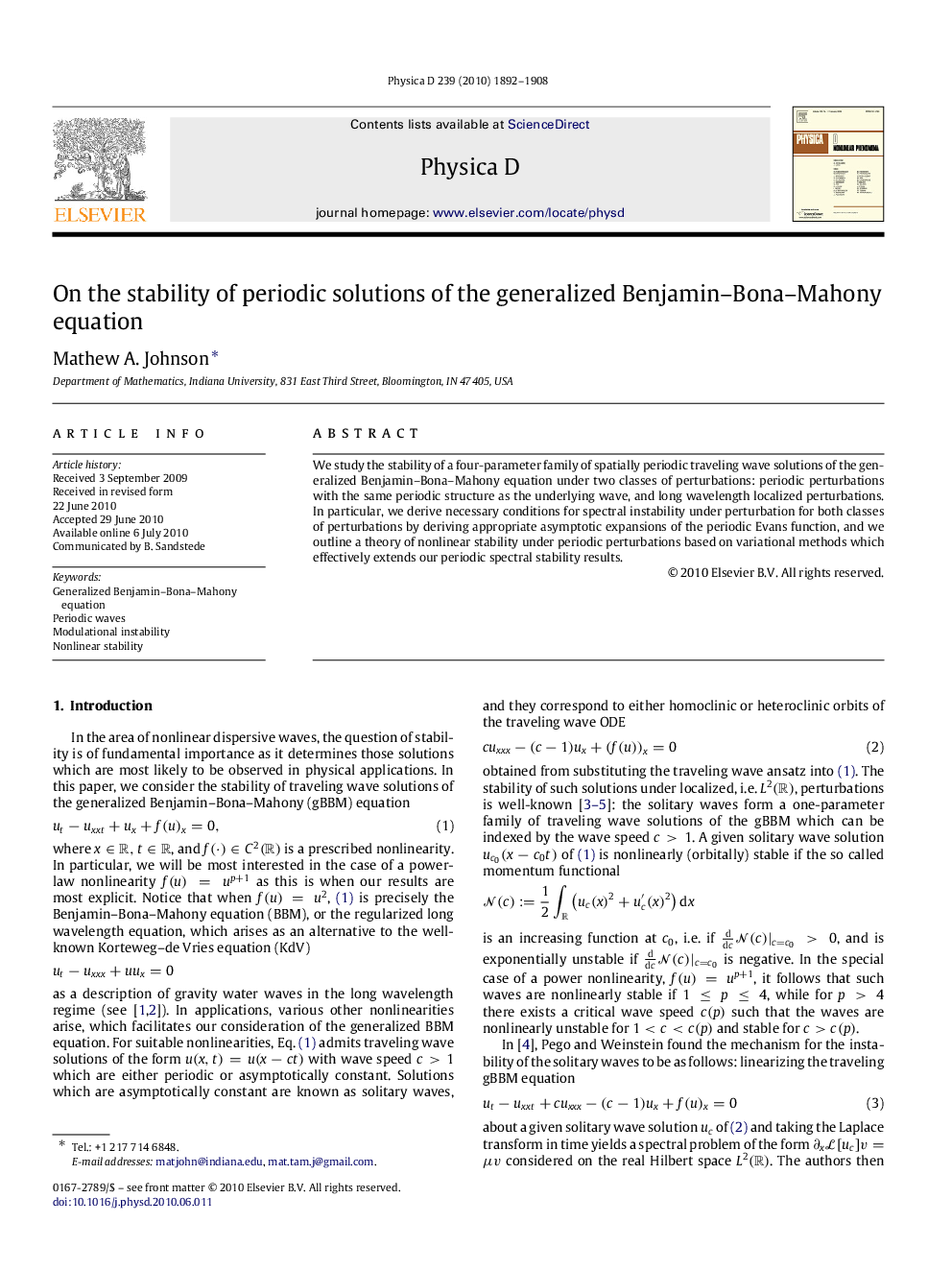 On the stability of periodic solutions of the generalized Benjamin–Bona–Mahony equation