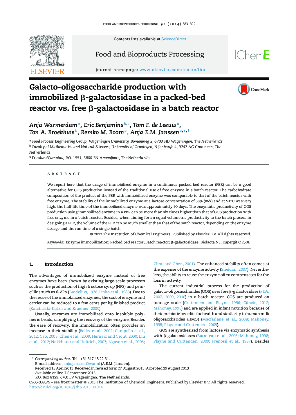 Galacto-oligosaccharide production with immobilized β-galactosidase in a packed-bed reactor vs. free β-galactosidase in a batch reactor