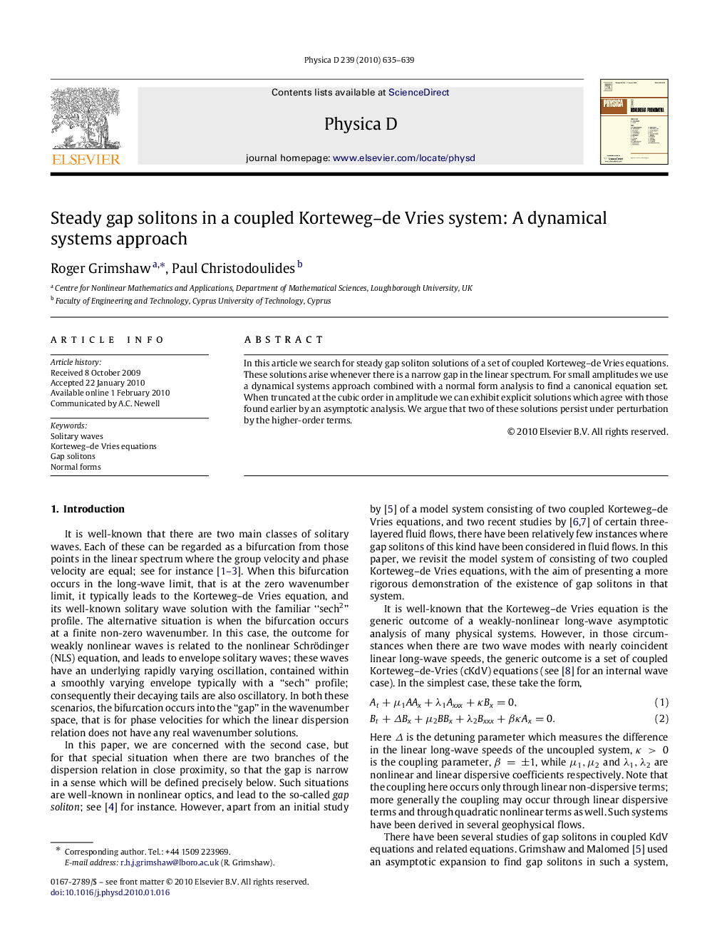 Steady gap solitons in a coupled Korteweg–de Vries system: A dynamical systems approach