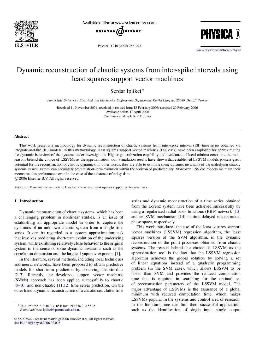 Dynamic reconstruction of chaotic systems from inter-spike intervals using least squares support vector machines