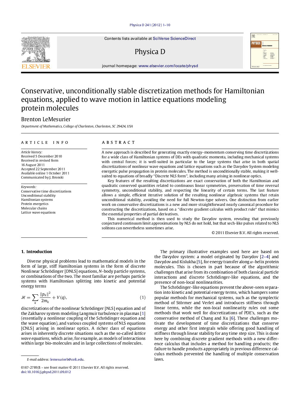 Conservative, unconditionally stable discretization methods for Hamiltonian equations, applied to wave motion in lattice equations modeling protein molecules