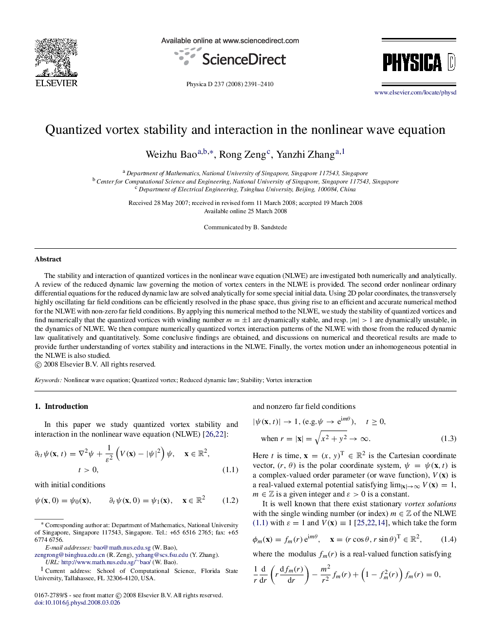 Quantized vortex stability and interaction in the nonlinear wave equation
