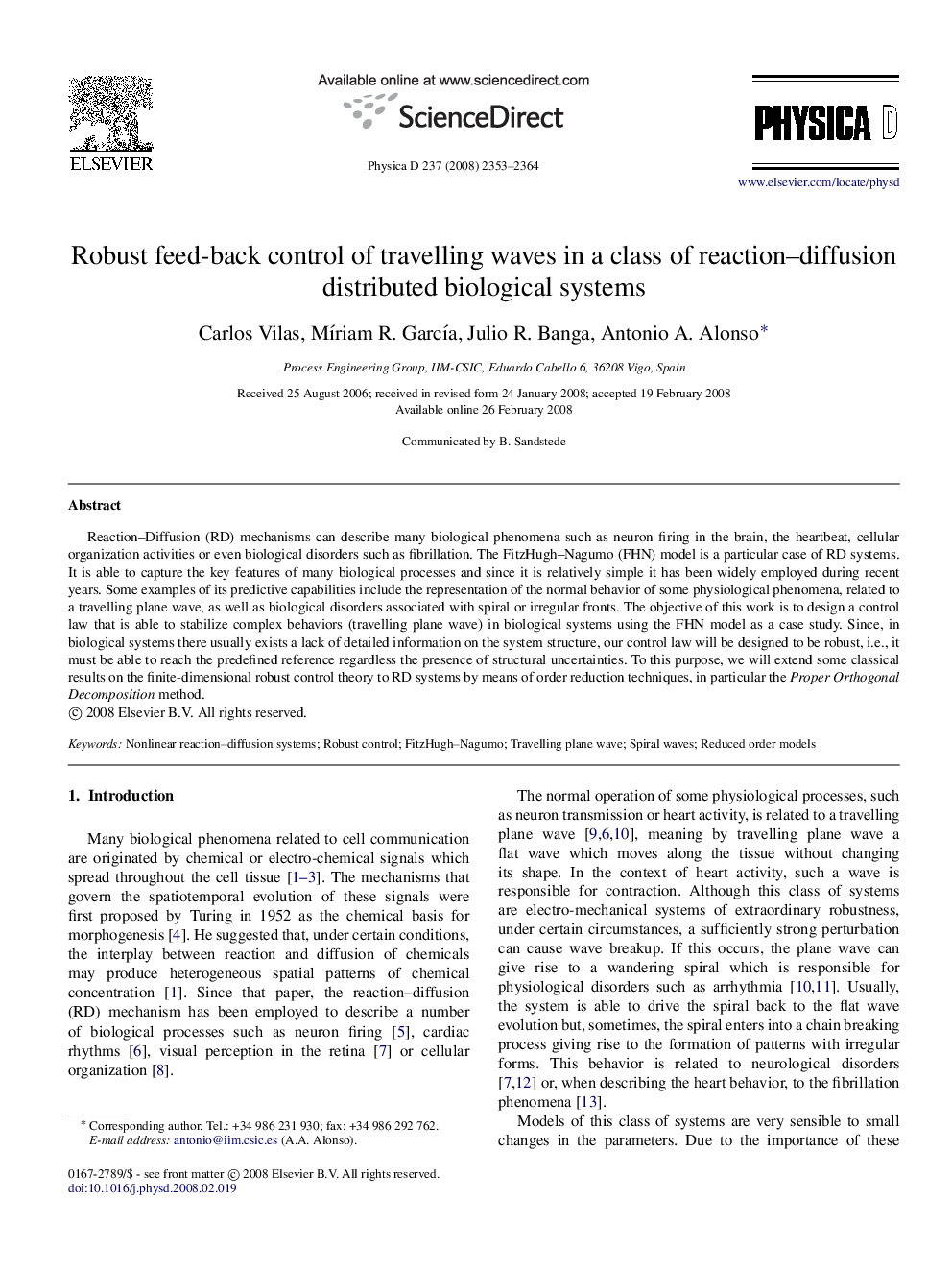 Robust feed-back control of travelling waves in a class of reaction–diffusion distributed biological systems