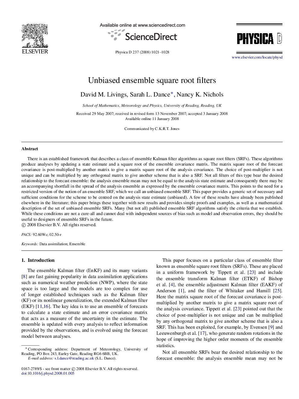 Unbiased ensemble square root filters